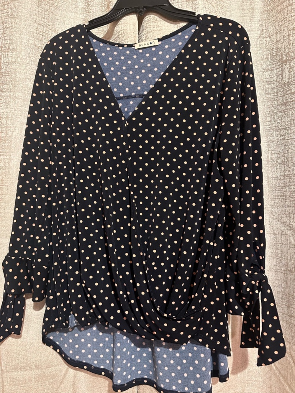 Beacon Black Wrap-Front Blouse with Pink Polka Dots